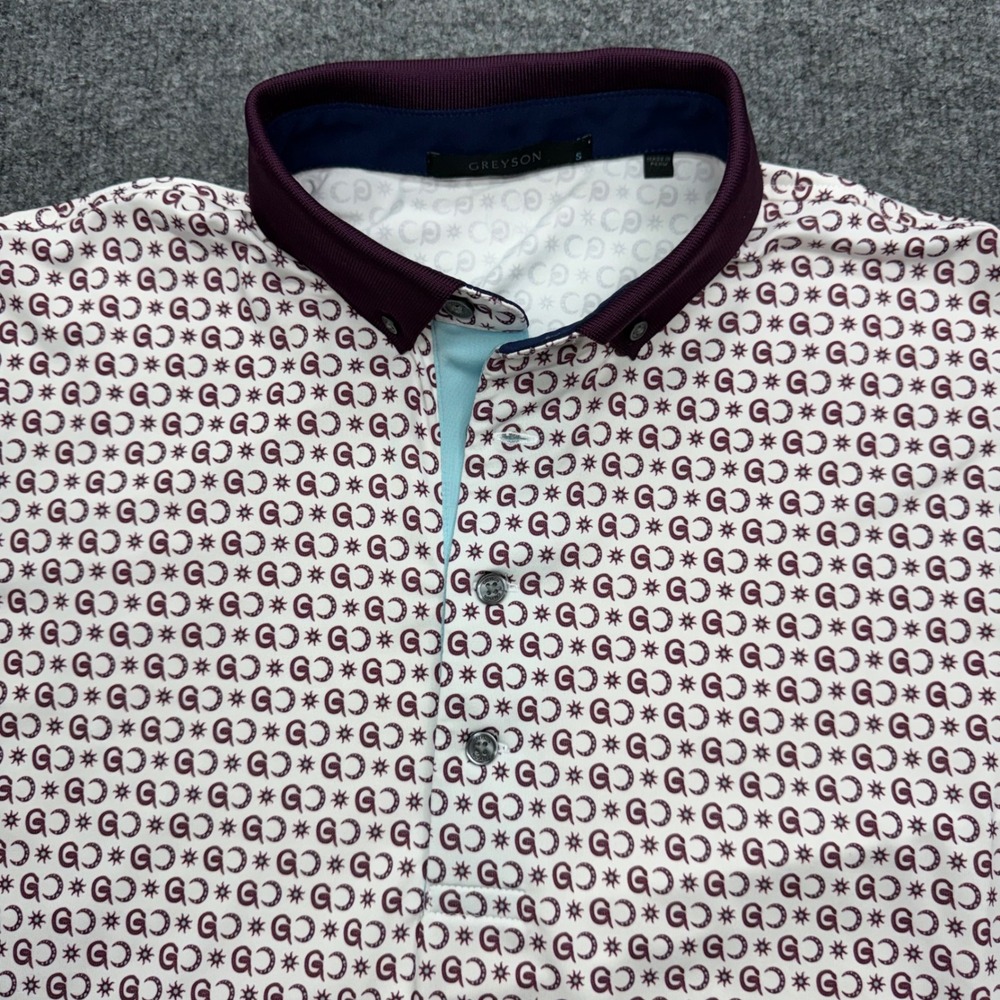 Greyson Clothiers Mens Small White Burgundy Logo Print Golf Polo Shirt Stretch - Picture 2 of 9